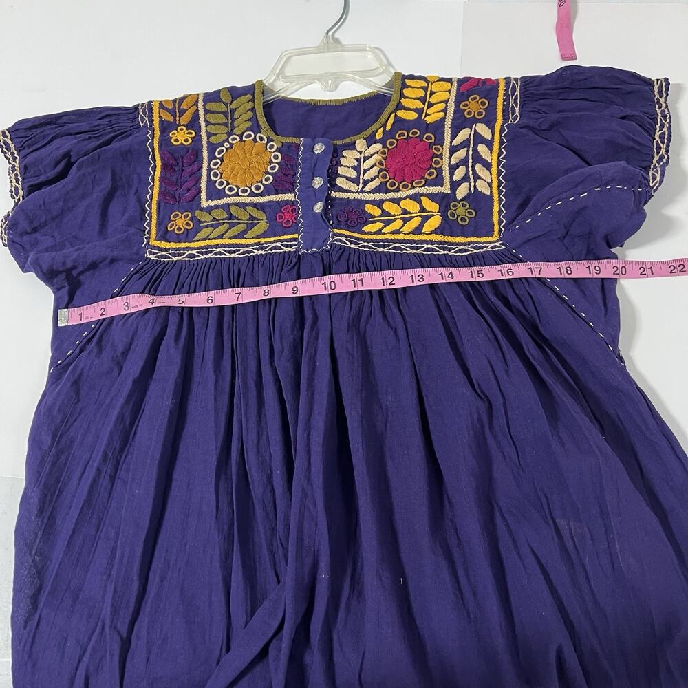 Handmade Folk Mexican Embroidered Blouse Large Purple Floral Top Pleated - Picture 7 of 10